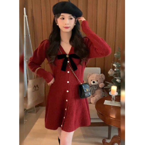 蝴蝶結新年紅色針織連衣裙女秋冬顯瘦V領氣質內搭打底毛衣短裙子