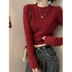 新年紅色掐腰毛衣女短款小個子坑條針織衫內搭春秋季打底修身上衣