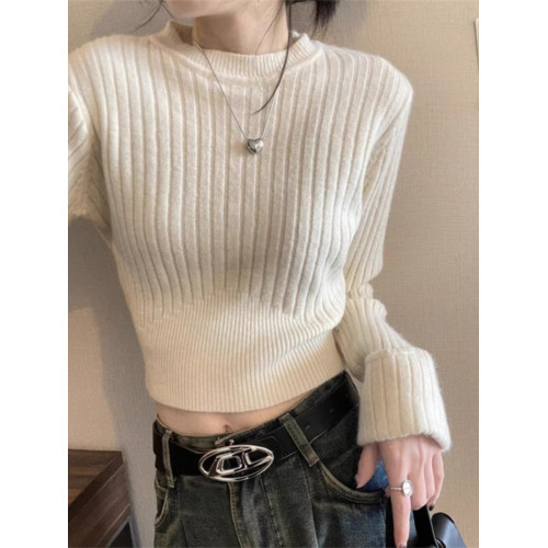 新年紅色掐腰毛衣女短款小個子坑條針織衫內搭春秋季打底修身上衣