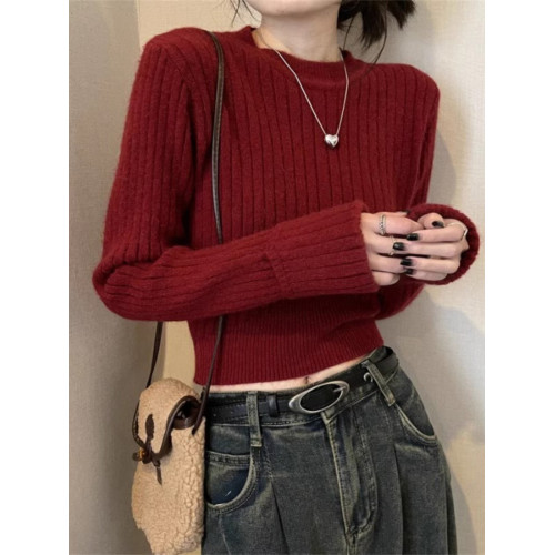 新年紅色掐腰毛衣女短款小個子坑條針織衫內搭春秋季打底修身上衣