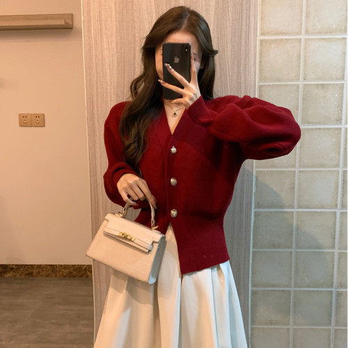 新年車厘子紅色毛衣開衫女針織外套洋氣收腰顯瘦聖誕過年喜慶上衣