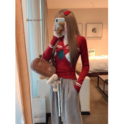 菱格紅色針織打底衫女款秋冬新款韓版修身設計感小衆氣質內搭毛衣