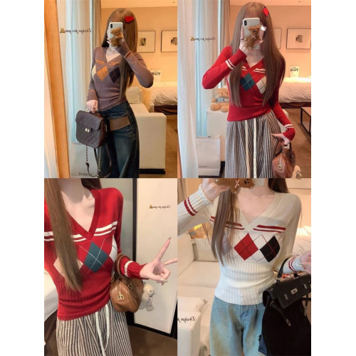 菱格紅色針織打底衫女款秋冬新款韓版修身設計感小衆氣質內搭毛衣