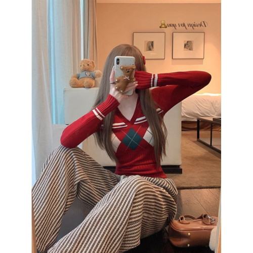 菱格紅色針織打底衫女款秋冬新款韓版修身設計感小衆氣質內搭毛衣