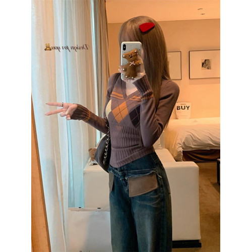 菱格紅色針織打底衫女款秋冬新款韓版修身設計感小衆氣質內搭毛衣