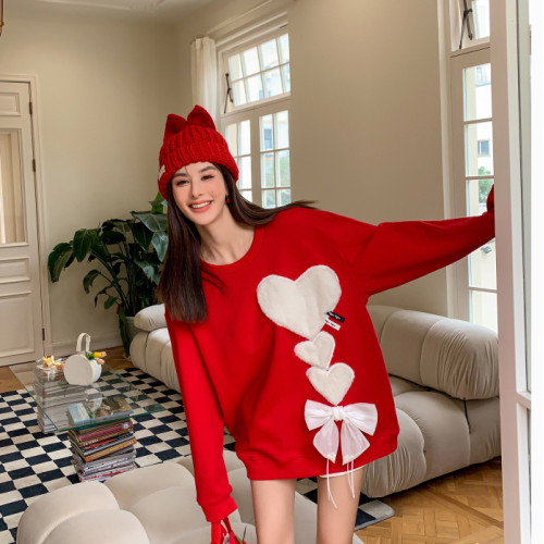 新年衣服大碼胖mm紅色衛衣女小衆設計感慵嬾風秋冬本命年上衣外套