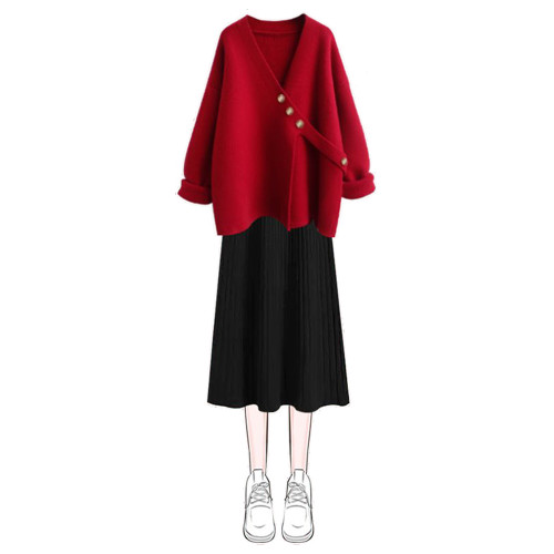 大碼女冬裝減齡套裝胖mm顯瘦遮肉聖誕節新年紅色毛衣連衣裙兩件套