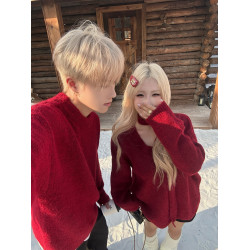 設計感小衆情侶裝秋冬一裙一衣法式慵嬾風新年聖誕紅色毛衣針織衫