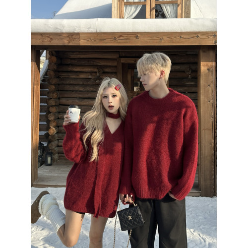 設計感小衆情侶裝秋冬一裙一衣法式慵嬾風新年聖誕紅色毛衣針織衫