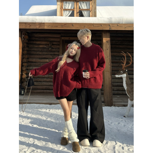 設計感小衆情侶裝秋冬一裙一衣法式慵嬾風新年聖誕紅色毛衣針織衫