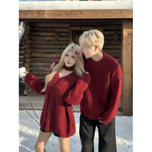設計感小衆情侶裝秋冬一裙一衣法式慵嬾風新年聖誕紅色毛衣針織衫