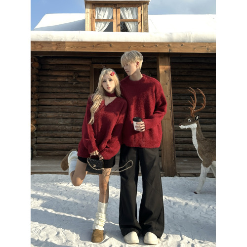 設計感小衆情侶裝秋冬一裙一衣法式慵嬾風新年聖誕紅色毛衣針織衫