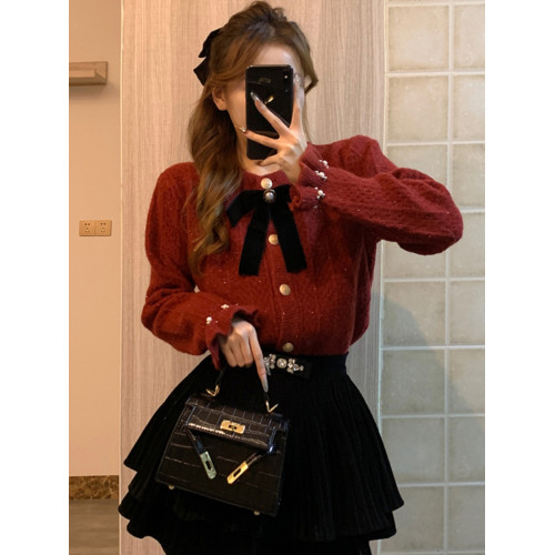 秋冬紅色圓領毛衣女蝴蝶結針織開衫外套亮絲釘珠設計感小香風上衣