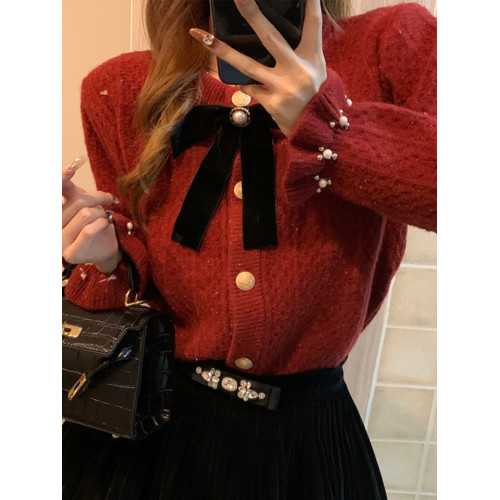 秋冬紅色圓領毛衣女蝴蝶結針織開衫外套亮絲釘珠設計感小香風上衣