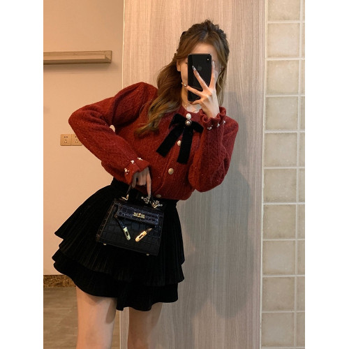 秋冬紅色圓領毛衣女蝴蝶結針織開衫外套亮絲釘珠設計感小香風上衣