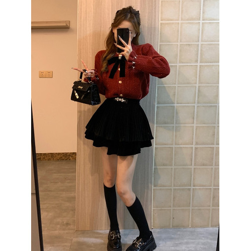 秋冬紅色圓領毛衣女蝴蝶結針織開衫外套亮絲釘珠設計感小香風上衣