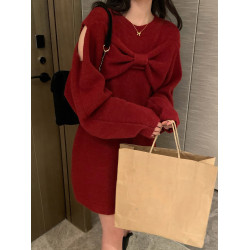 紅色針織露肩蝴蝶結毛衣連衣裙子女秋冬聖誕穿搭本命年過新年戰袍