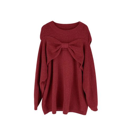 紅色針織露肩蝴蝶結毛衣連衣裙子女秋冬聖誕穿搭本命年過新年戰袍