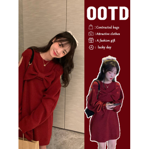 紅色針織露肩蝴蝶結毛衣連衣裙子女秋冬聖誕穿搭本命年過新年戰袍