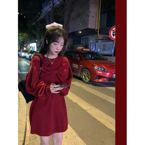 紅色針織露肩蝴蝶結毛衣連衣裙子女秋冬聖誕穿搭本命年過新年戰袍