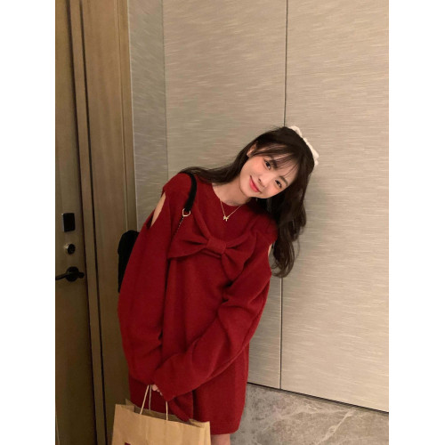 紅色針織露肩蝴蝶結毛衣連衣裙子女秋冬聖誕穿搭本命年過新年戰袍