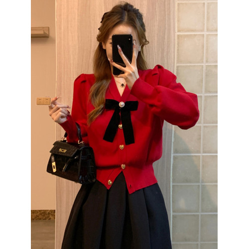 新年紅色蝴蝶結毛衣女V領針織開衫外套過年小香風本命年修身上衣