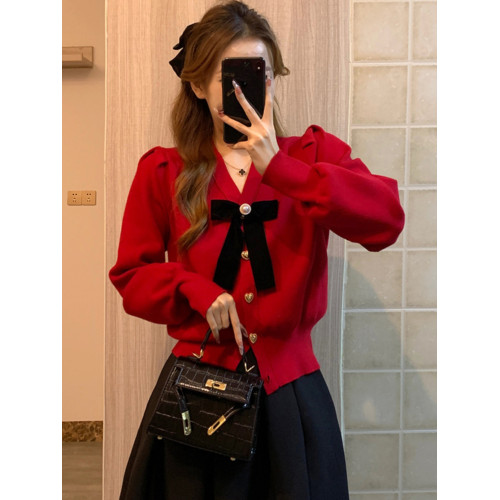 新年紅色蝴蝶結毛衣女V領針織開衫外套過年小香風本命年修身上衣