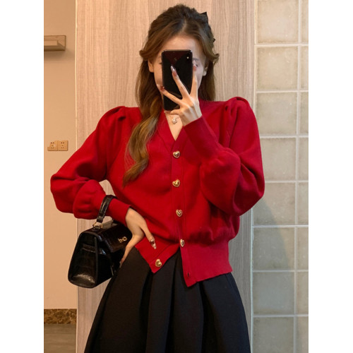 新年紅色蝴蝶結毛衣女V領針織開衫外套過年小香風本命年修身上衣