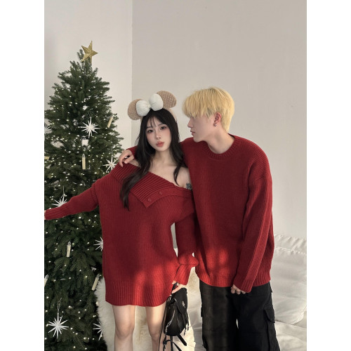 情侶裝秋冬款你衣我裙聖誕新年紅色一字肩中長款針織裙圓領毛衣男