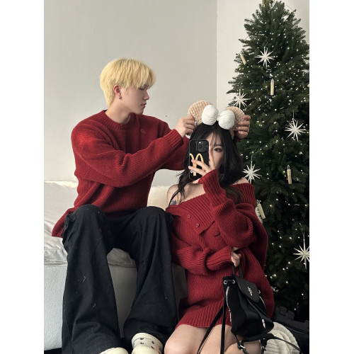情侶裝秋冬款你衣我裙聖誕新年紅色一字肩中長款針織裙圓領毛衣男