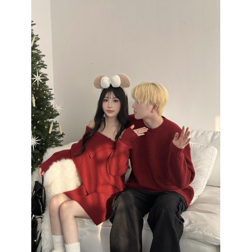 情侶裝秋冬款你衣我裙聖誕新年紅色一字肩中長款針織裙圓領毛衣男