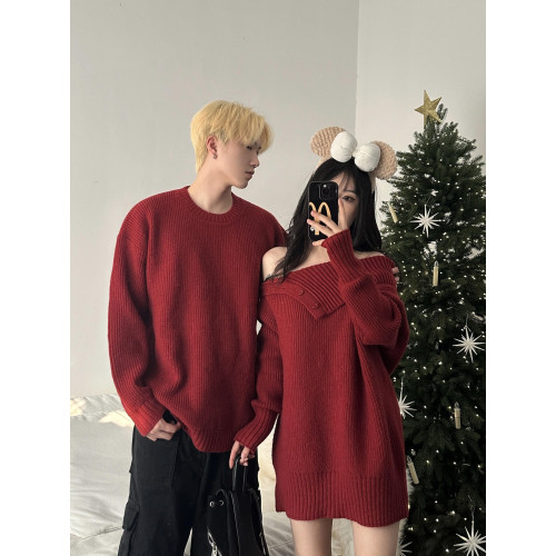情侶裝秋冬款你衣我裙聖誕新年紅色一字肩中長款針織裙圓領毛衣男
