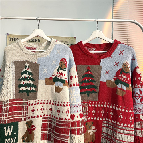 過新年潮牌毛衣男秋冬季情侶裝上衣寬鬆ins休閒設計感印花針織衫