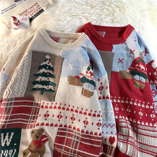 過新年潮牌毛衣男秋冬季情侶裝上衣寬鬆ins休閒設計感印花針織衫