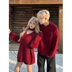 紅色情侶毛衣高級感寬鬆慵嬾風聖誕新年本命年領證登記針織衫男女