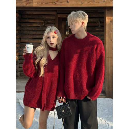 紅色情侶毛衣高級感寬鬆慵嬾風聖誕新年本命年領證登記針織衫男女