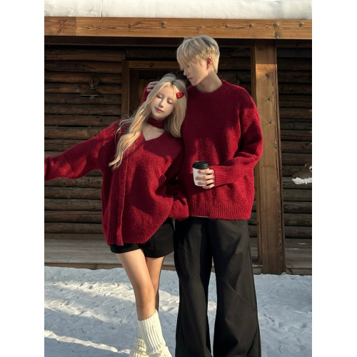 紅色情侶毛衣高級感寬鬆慵嬾風聖誕新年本命年領證登記針織衫男女