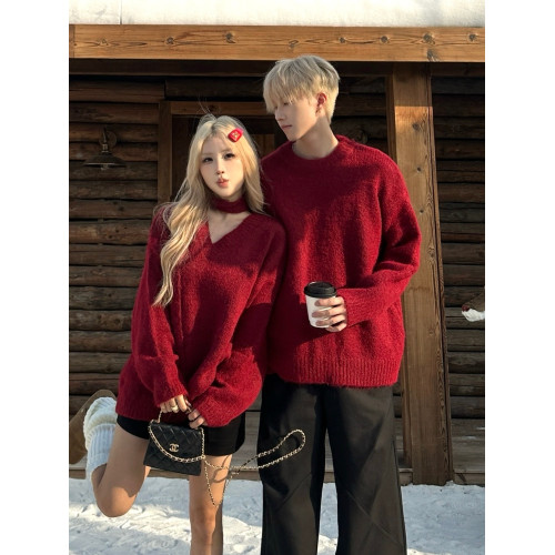 紅色情侶毛衣高級感寬鬆慵嬾風聖誕新年本命年領證登記針織衫男女