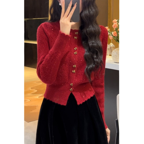 本命年穿搭新年紅色小香風毛衣外套女秋冬季修身顯瘦短款針織開衫
