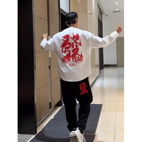 冬季新款男士加絨加厚新年款發財刺綉潮牌休閒套裝衛衣衛褲兩件套