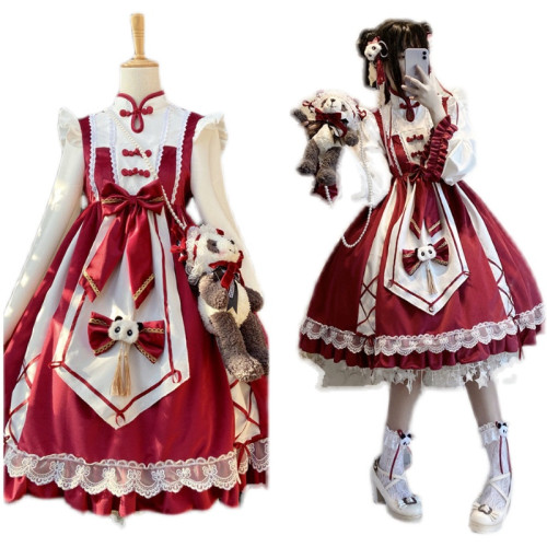 300斤大碼女裝新年款小廚娘洛麗塔冬季長袖紅旗袍Lolita連衣裙op