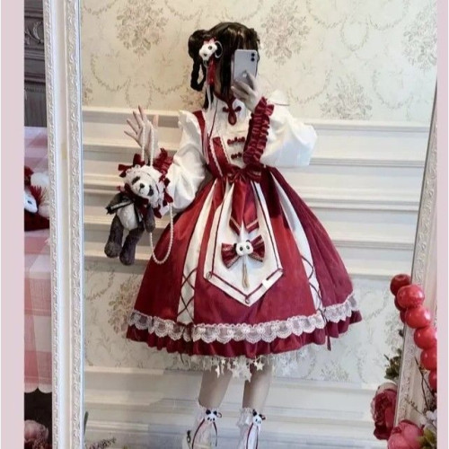 300斤大碼女裝新年款小廚娘洛麗塔冬季長袖紅旗袍Lolita連衣裙op