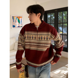 美式復古費爾島半拉鍊繙領毛衣男女寬鬆聖誕新年紅色針織開衫外套