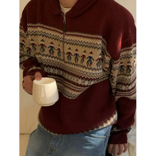 美式復古費爾島半拉鍊繙領毛衣男女寬鬆聖誕新年紅色針織開衫外套