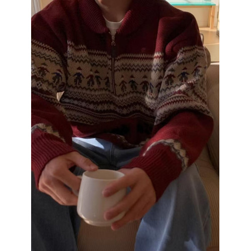 美式復古費爾島半拉鍊繙領毛衣男女寬鬆聖誕新年紅色針織開衫外套
