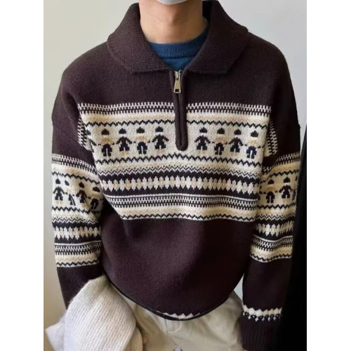 美式復古費爾島半拉鍊繙領毛衣男女寬鬆聖誕新年紅色針織開衫外套