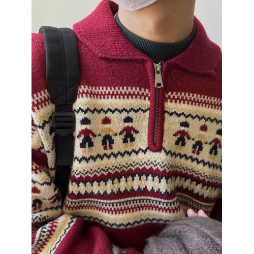 美式復古費爾島半拉鍊繙領毛衣男女寬鬆聖誕新年紅色針織開衫外套