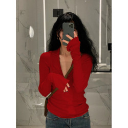 紅色新年V領鎖骨針織衫女秋冬新款溫柔風薄款毛衣內搭打底衫上衣