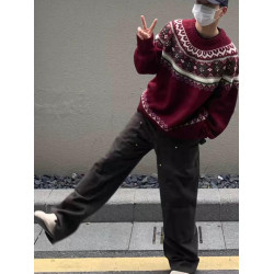 美式慵嬾復古費爾島新年紅色圓領毛衣秋冬男女情侶寬鬆提花針織衫