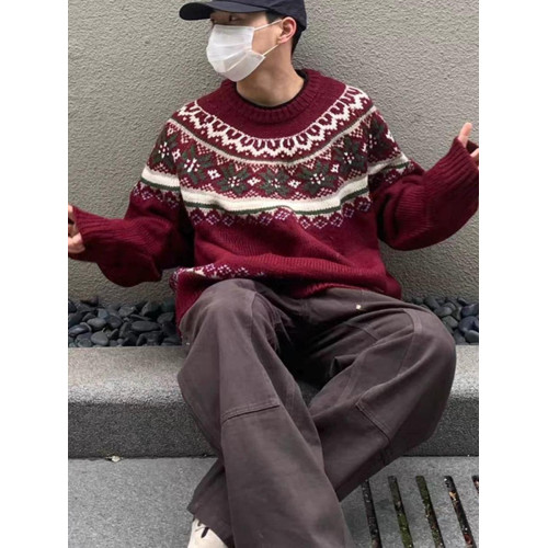 美式慵嬾復古費爾島新年紅色圓領毛衣秋冬男女情侶寬鬆提花針織衫